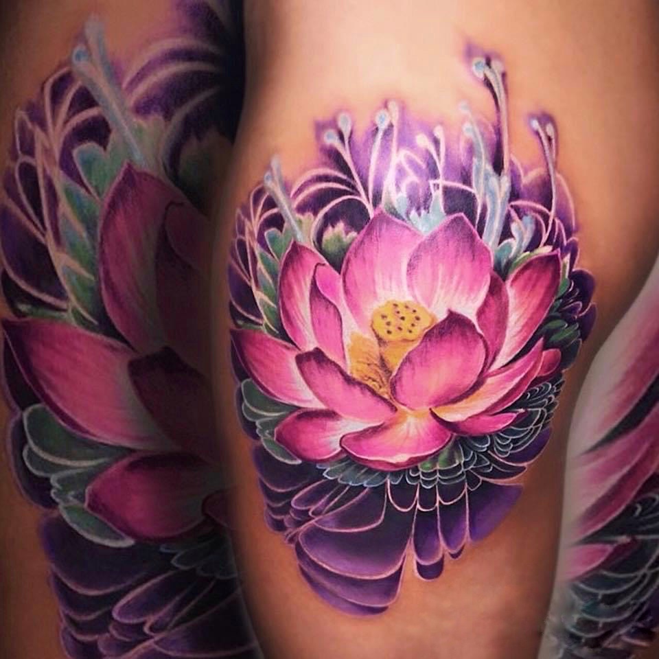 Color Lotus Flower Tattoo on Thigh