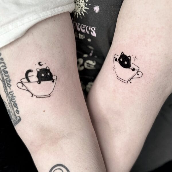 Matching Tea Cup with Cat Inside Tattoos for Friends