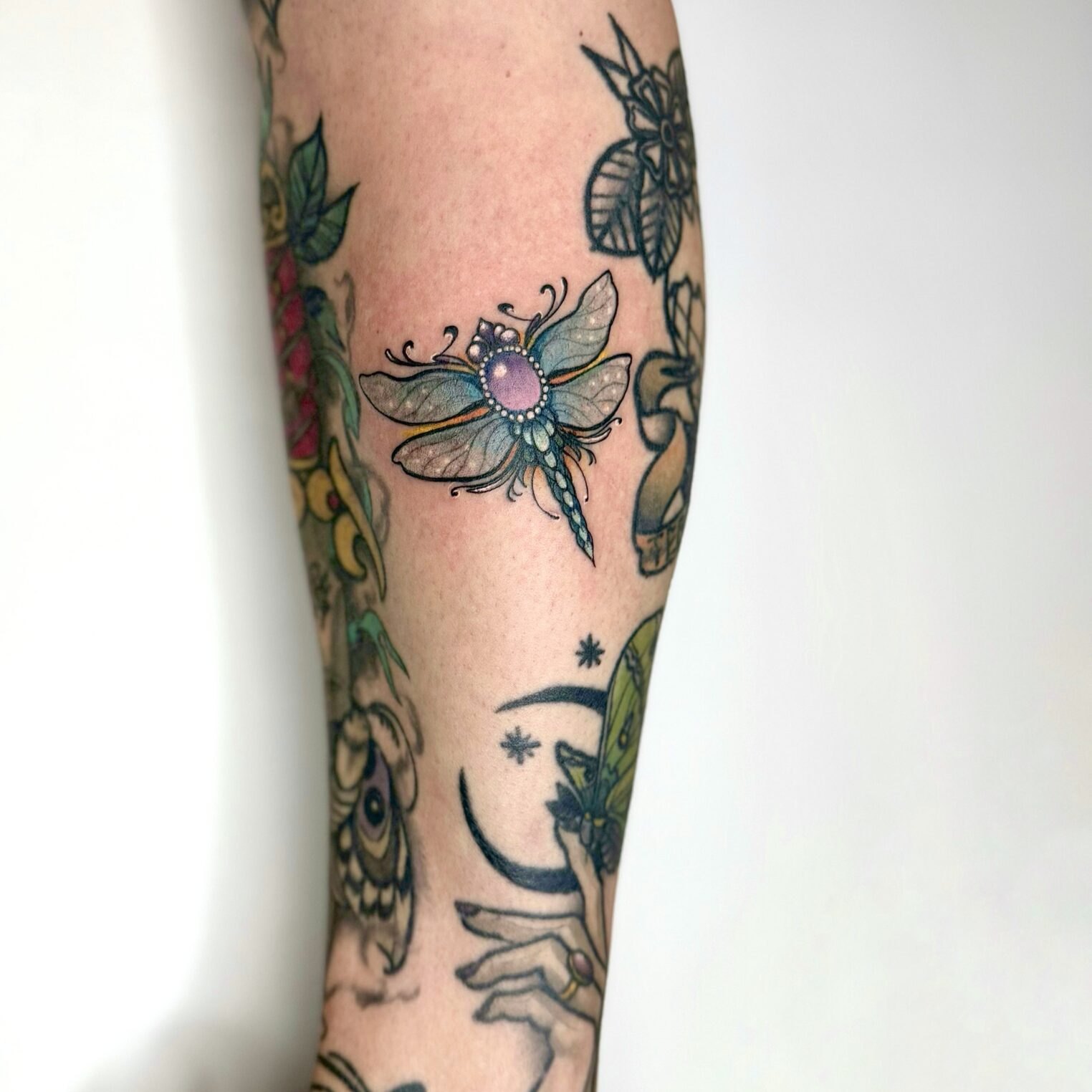 Cute Dragonfly with Gem Tattoo on Lower Leg