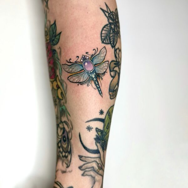 Cute Dragonfly with Gem Tattoo on Lower Leg