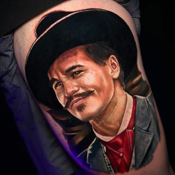 Doc Holliday Portrait Tattoo on Thigh in Color Realism