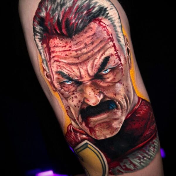 Realistic Omni Man Portrait Tattoo on Thigh