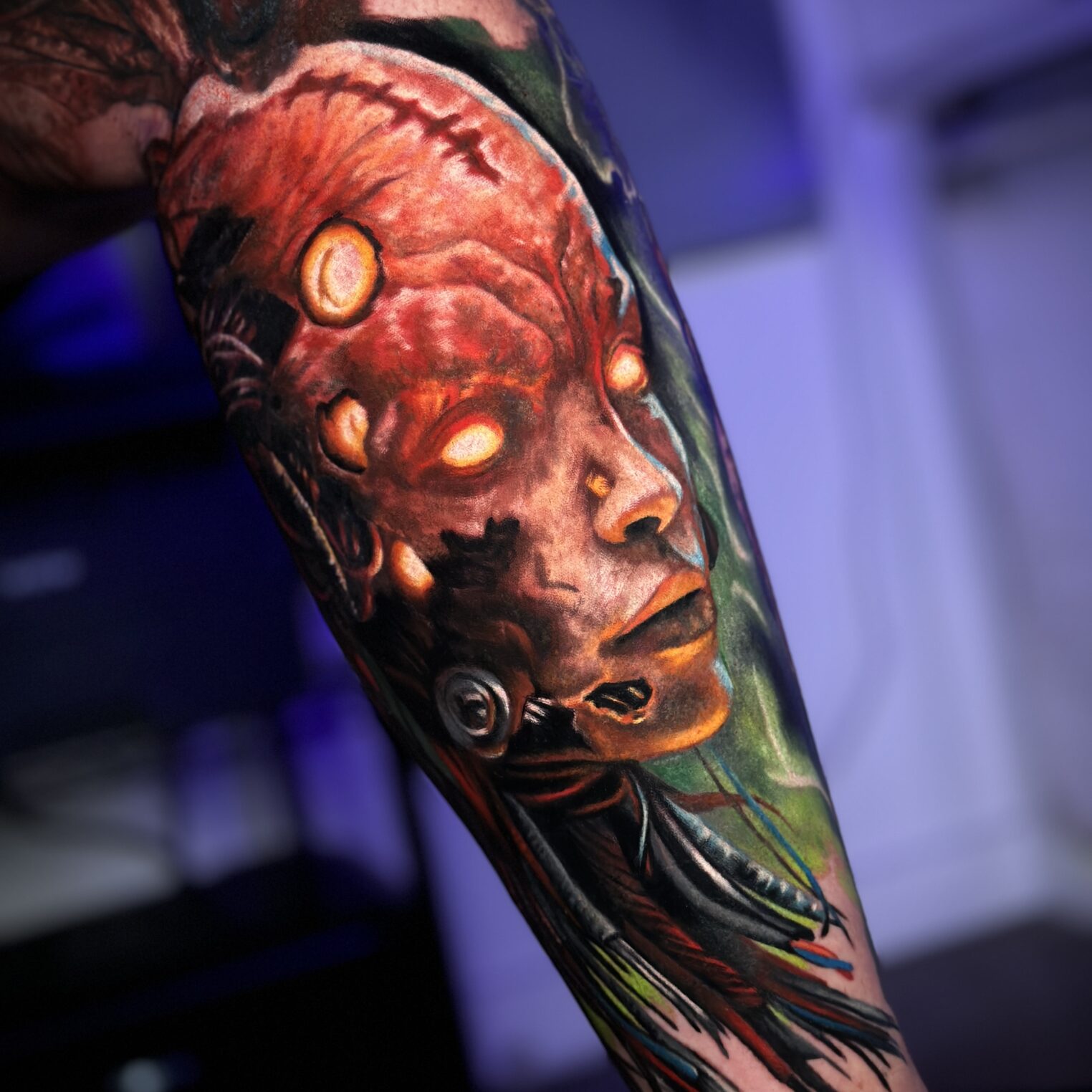 Lower Leg Biomech Tattoo of a Futuristic Character