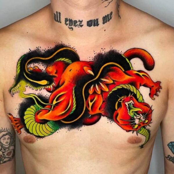 Traditional Inspired Snake vs Tiger Tattoo on Chest