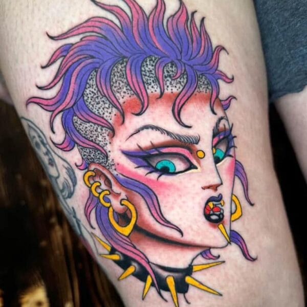 Punk Girl Tattoo on Thigh in Neotraditional Style