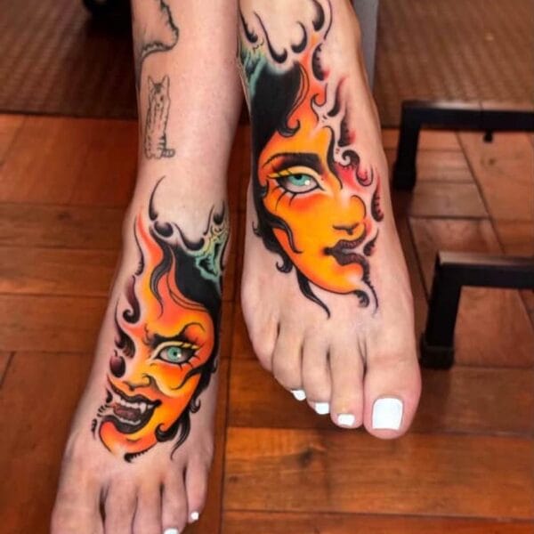 Matching Flame Face Tattoos on Feet