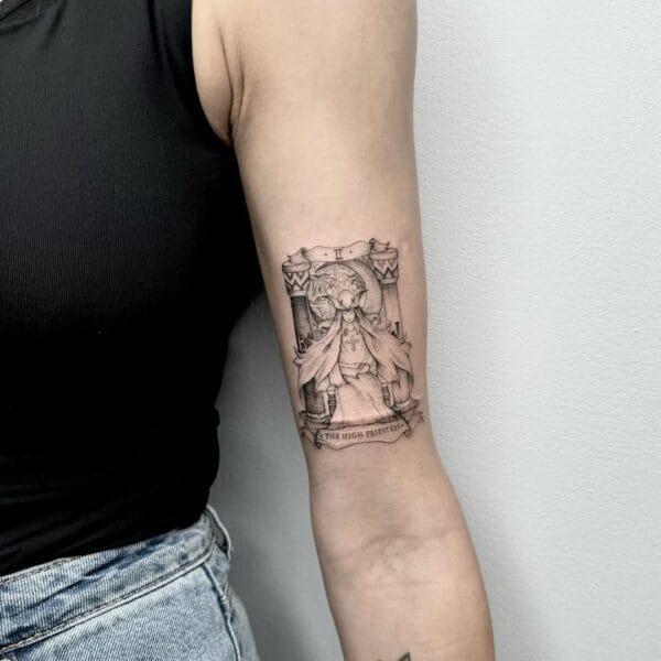 Tarot Design Tattoo on Arm in Fine Line Style