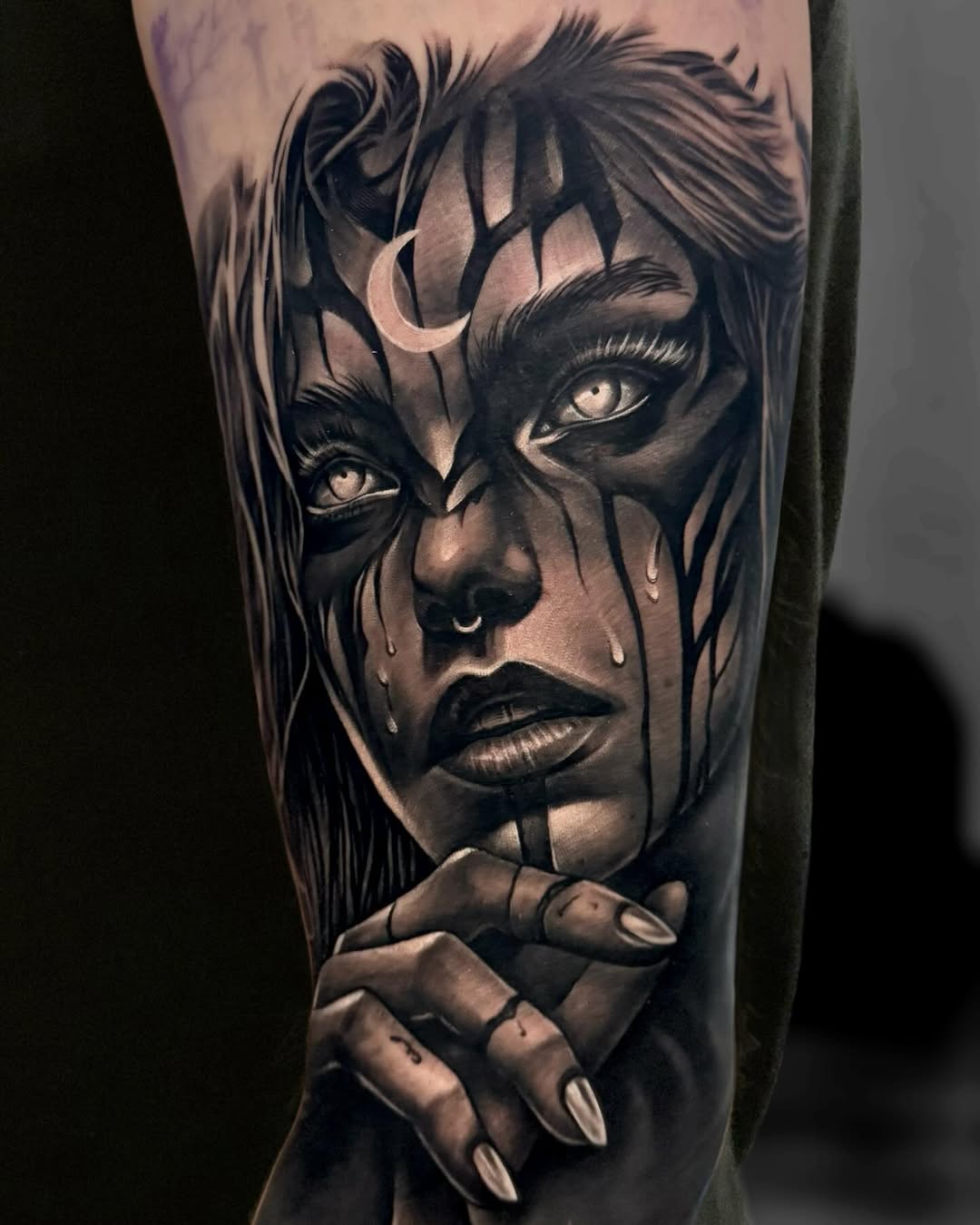 Moon Symbol Witch Tattoo in Black and Gray on Arm