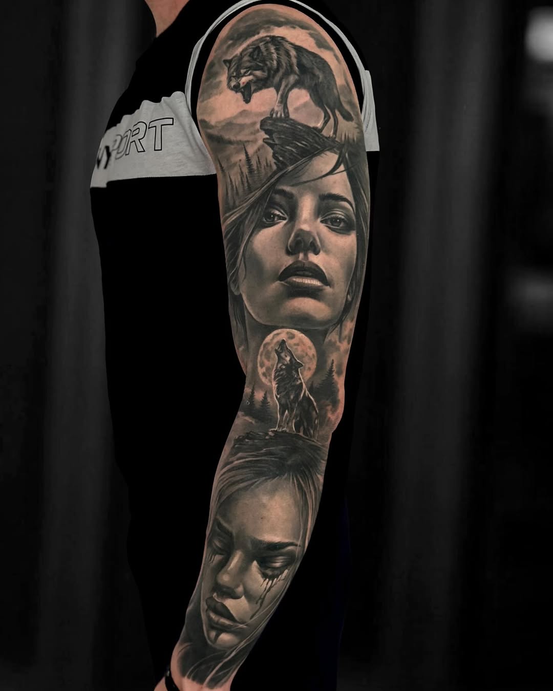 Women and Wolves Tattoo Sleeve in Black and Gray