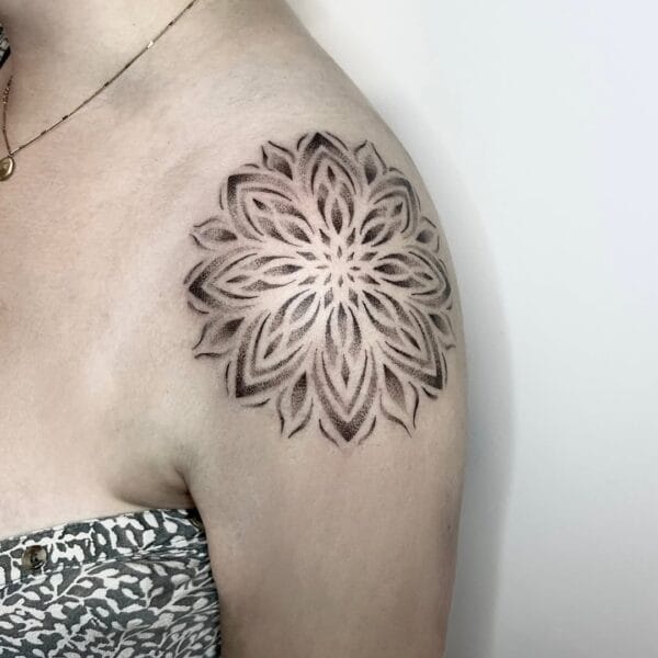 Gentle Mandala Tattoo on Shoulder in Dot Work Style