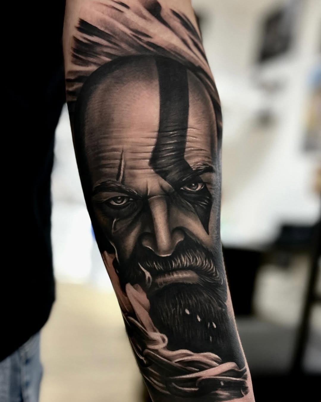 Kratos Portrait Tattoo on Forearm