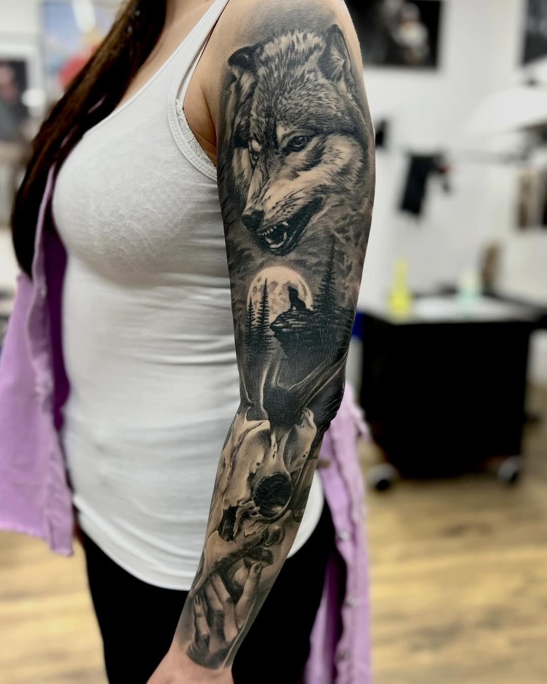 Black and Gray Sleeve Tattoo with Wolf and Forest