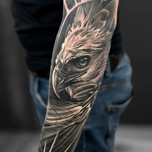 Eagle Tattoo on Outer Forearm in Black and Gray
