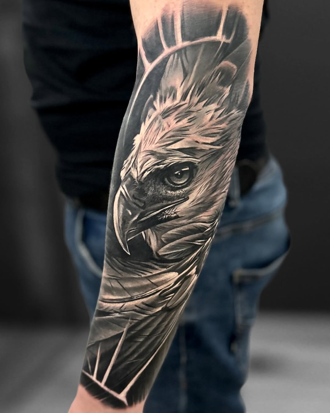 Eagle Tattoo on Outer Forearm in Black and Gray