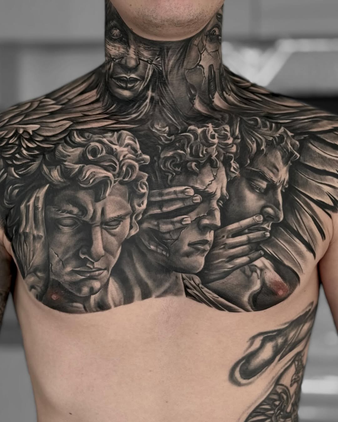 Greek Mythology Tattoo on Chest and Neck
