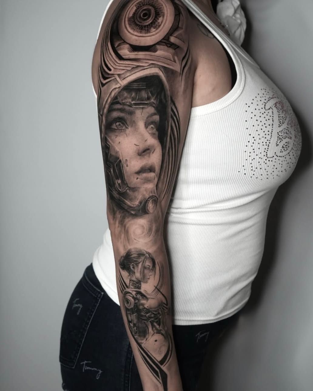 Futuristic Half Robotic Woman Sleeve Tattoo