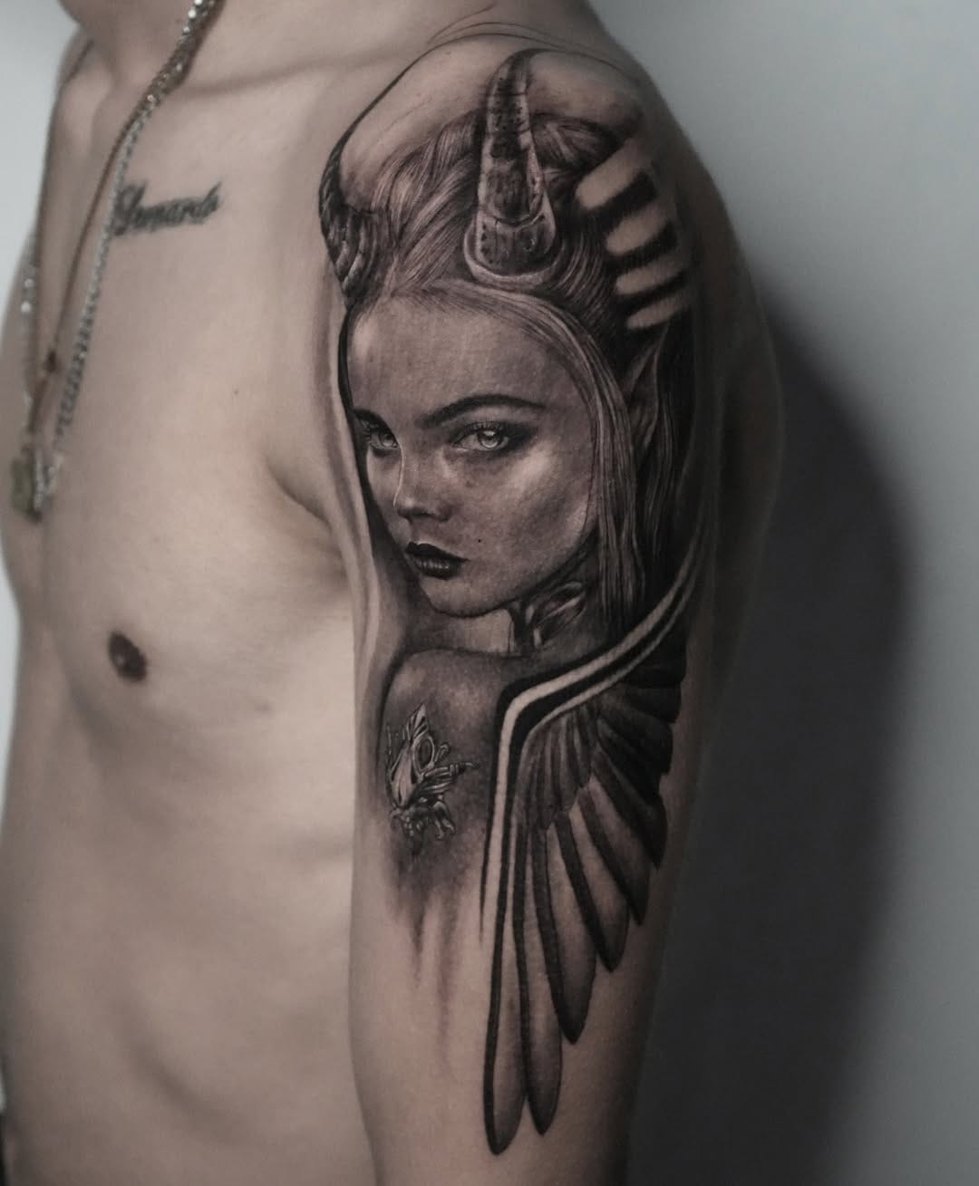Shoulder Tattoo Featuring Mystical Woman With Wings And Horns