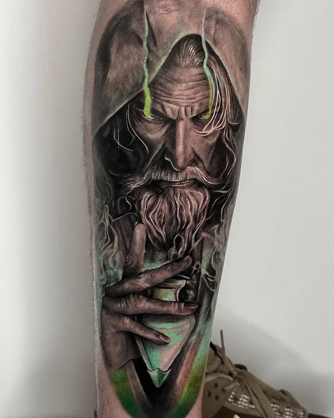 Wizard Man Tattoo On Lower Leg