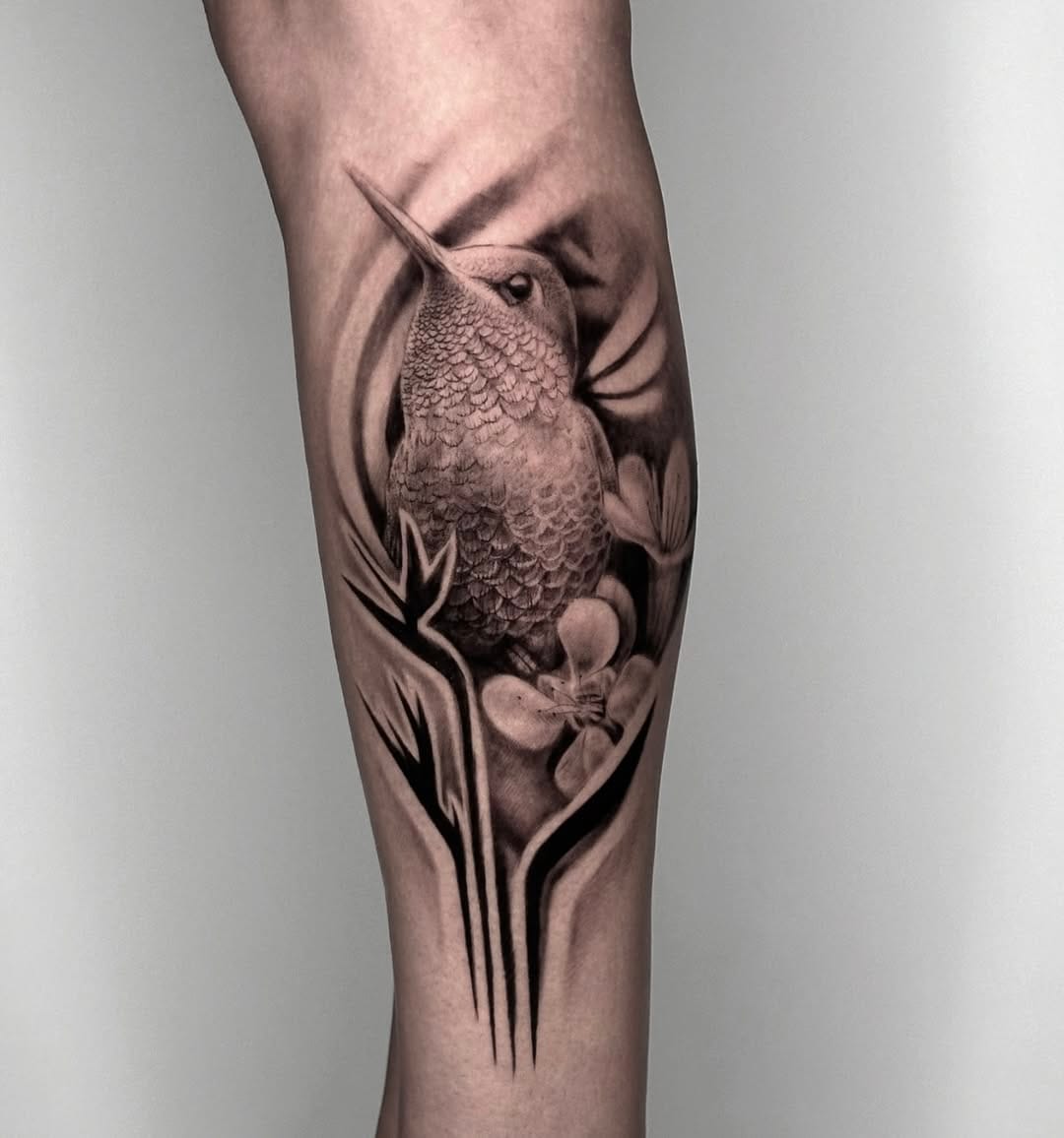 Realistic Hummingbird Tattoo on Lower Leg