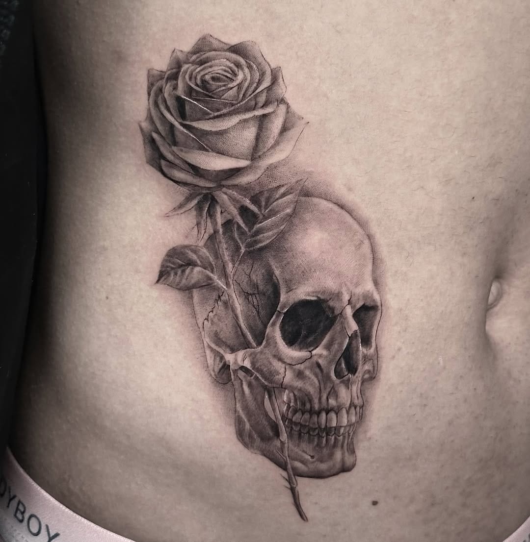 Realistic Skull and Rose Tattoo on Side of Body