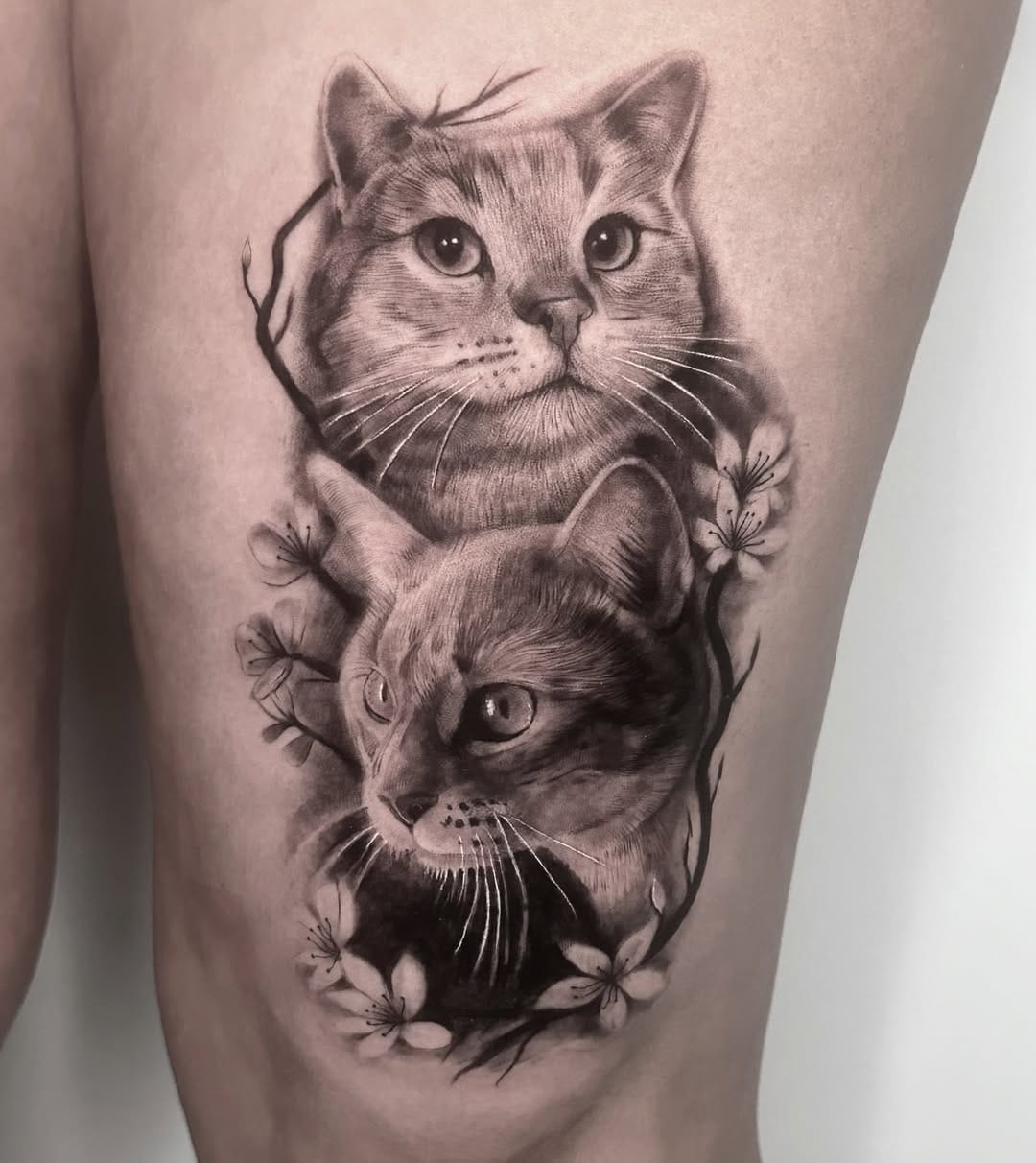 Realistic Cat Portrait Tattoo on Upper Leg