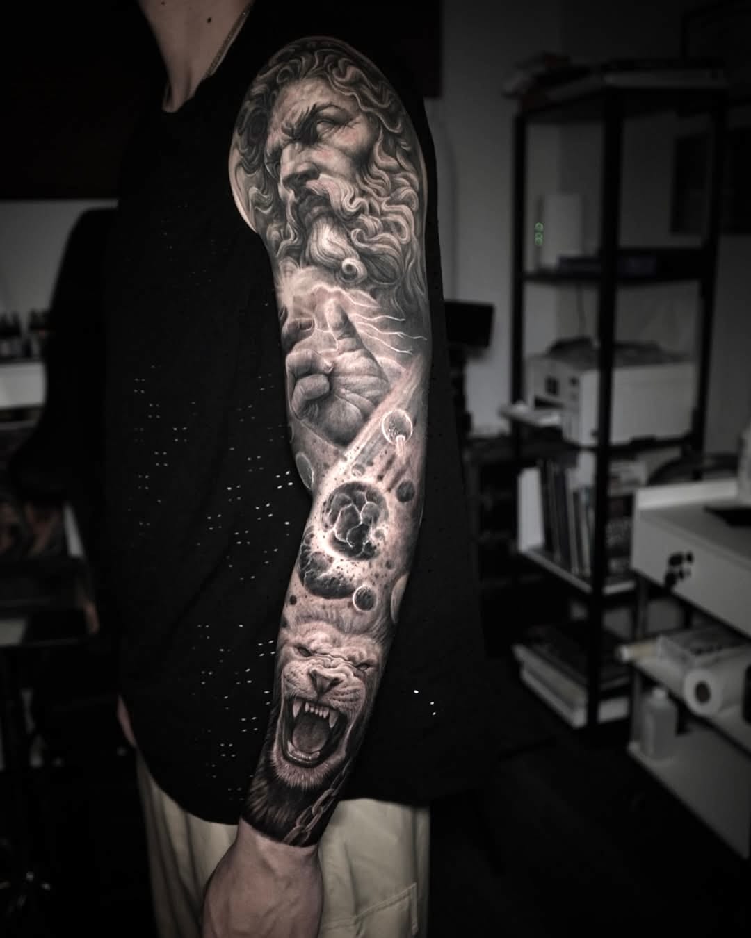 Greek Mythology And Fierce Lion Realism Sleeve Tattoo