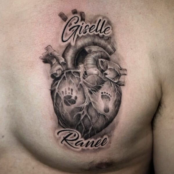 Black and Gray Chest Tattoo with Heart, Names, and Prints