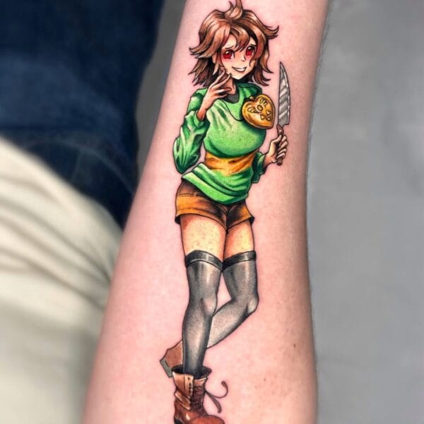 Colorful Chara Tattoo from Undertale on Forearm