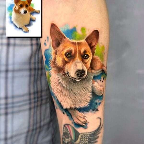 Watercolor Style Pet Portrait Tattoo on Forearm