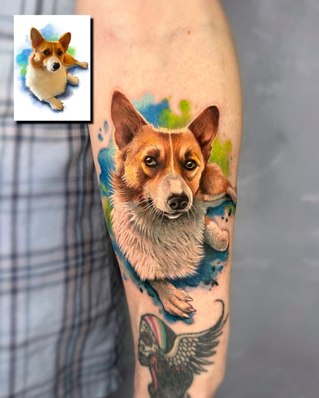 Watercolor Style Pet Portrait Tattoo on Forearm