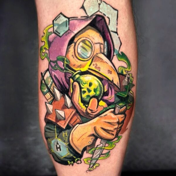 Colorful Plague Doctor Tattoo on Calf