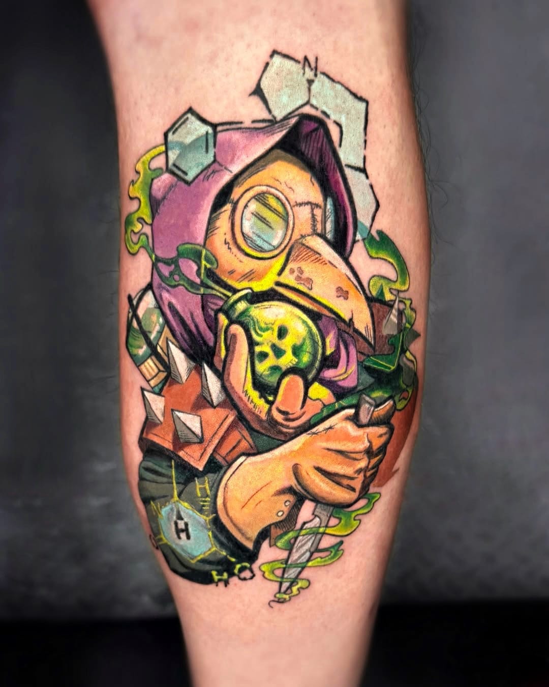 Colorful Plague Doctor Tattoo on Calf