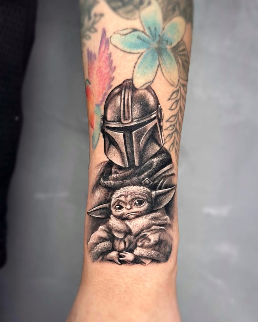 The Mandalorian and Grogu Tattoo on Forearm
