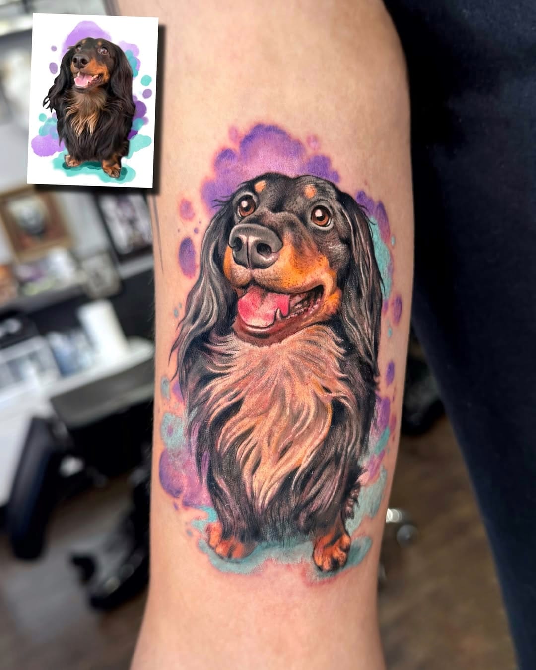 Realistic Pet Portrait Tattoo with Watercolor Background