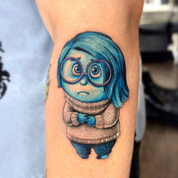 Inside Out Tattoo Sadness Character in Color on Forearm