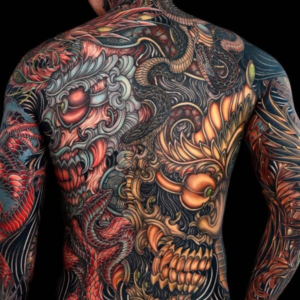 Full Back and Sleeve Neo Japanese Tattoo in Colors