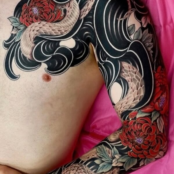 Sleeve and Chest Neo Japanese Tattoo in Black and Gray with Color