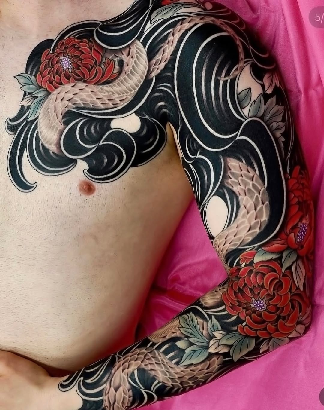 Sleeve and Chest Neo Japanese Tattoo in Black and Gray with Color