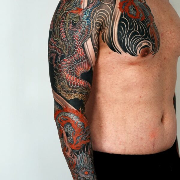 Full Sleeve and Chest Neo Japanese Tattoo in Colors