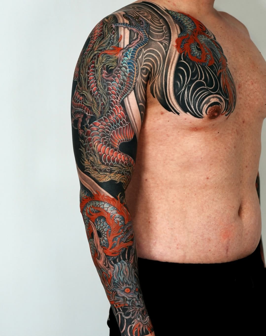 Full Sleeve and Chest Neo Japanese Tattoo in Colors