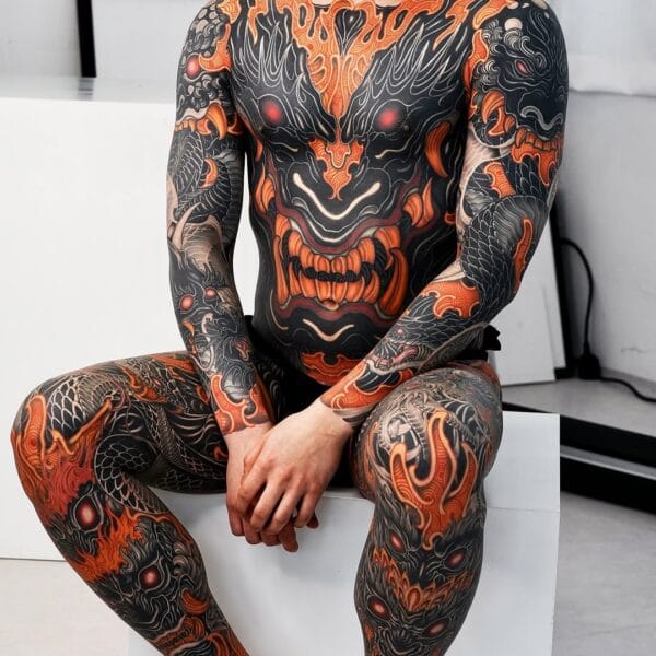 Japanese Full Body Suit Tattoo with Black and Color Work