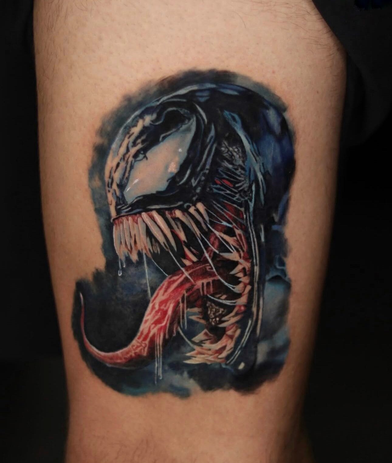 Color Portrait Tattoo of Venom on Leg