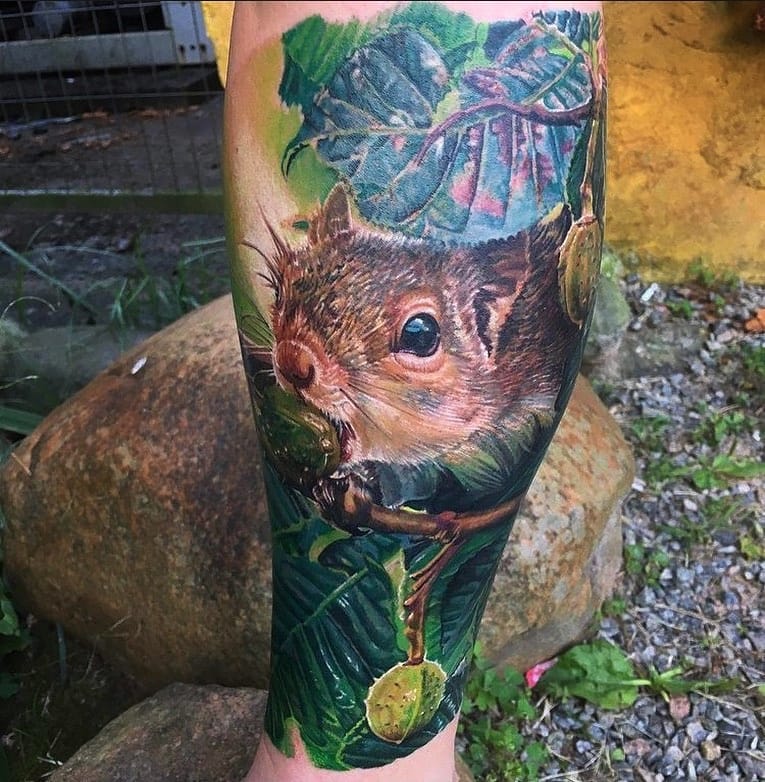 Realistic Squirrel Tattoo on Lower Leg