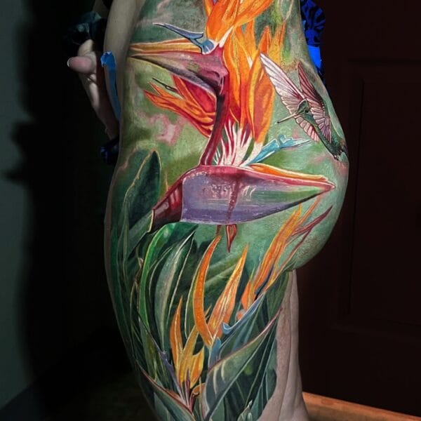 Bird of Paradise Tattoo with Hummingbirds on Hip