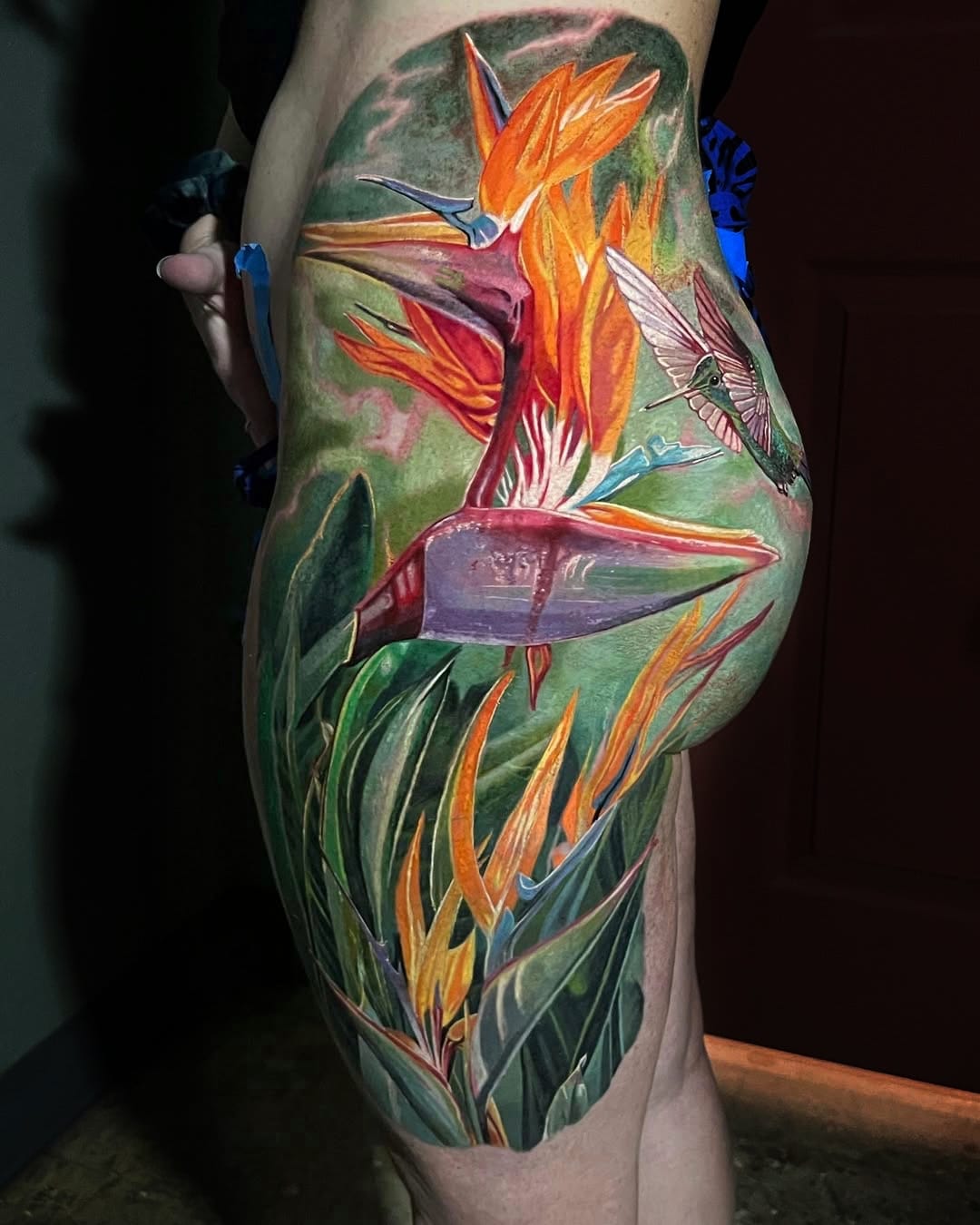 Bird of Paradise Tattoo with Hummingbirds on Hip