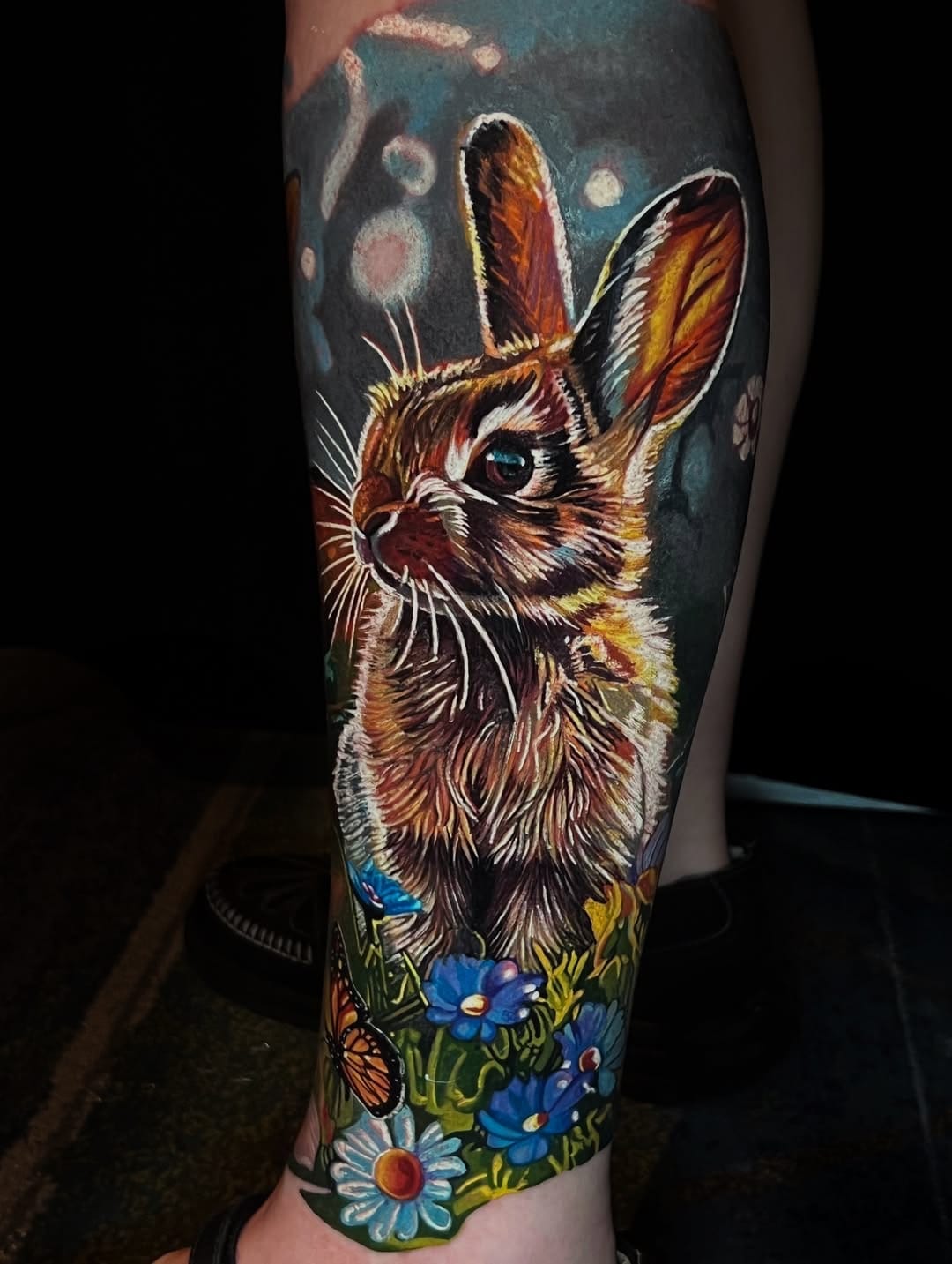 Colorful Rabbit and Flower Tattoo on Lower Leg