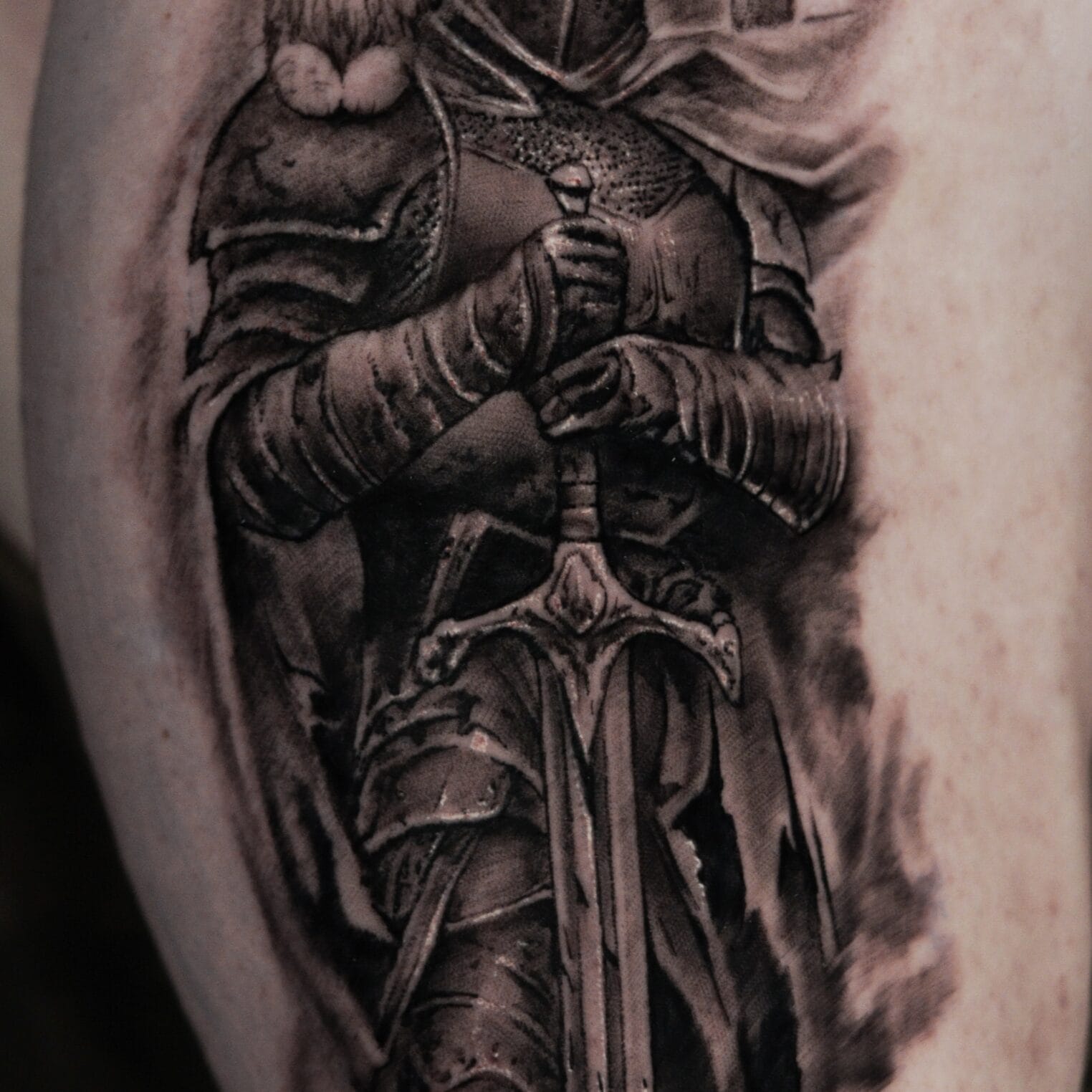 Black and Gray Tattoo of Knight with Cat