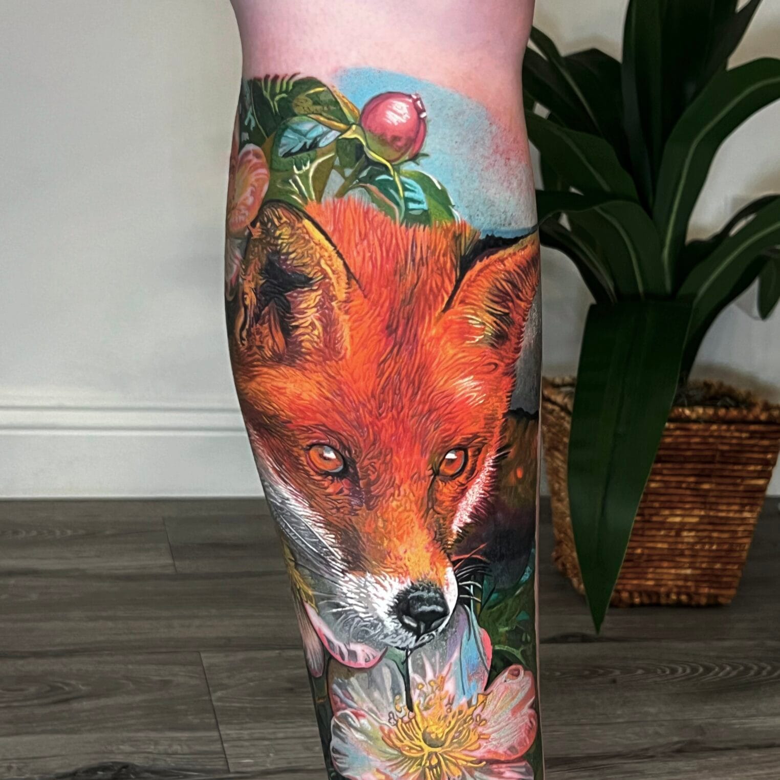 Realistic Fox Tattoo with Flowers on Leg