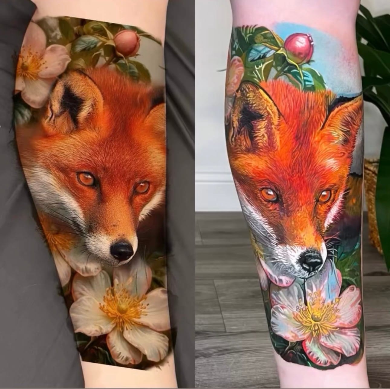 Realistic Fox Tattoo with Flowers on Leg