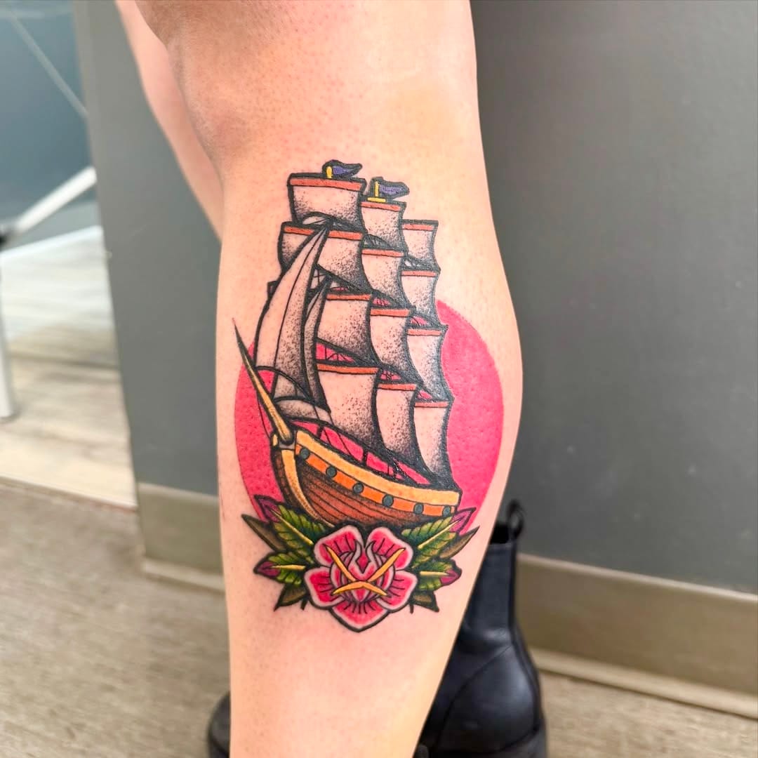 Colorful Old School Ship Tattoo on Leg